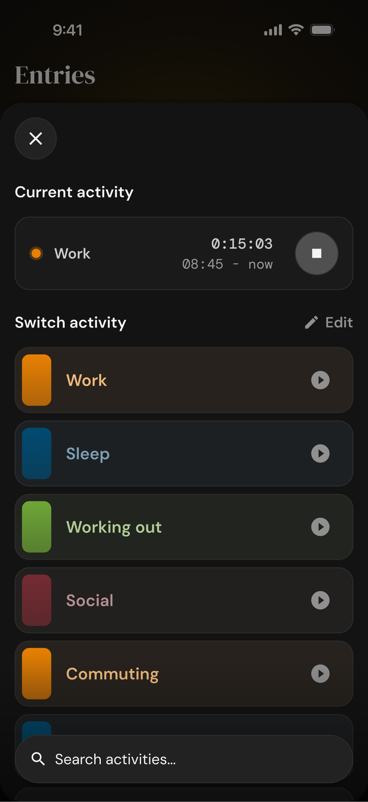 Activity picker for starting a timer